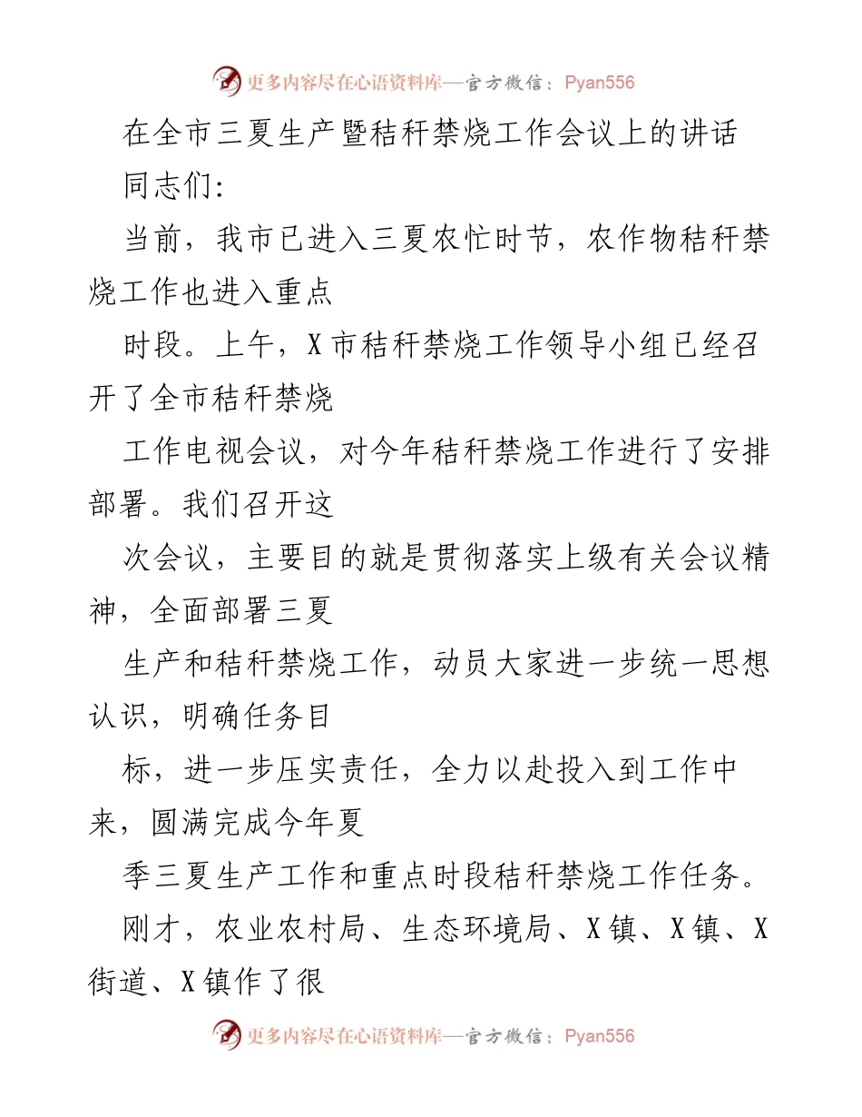 [发言] 会议 - 全力推进三夏生产与秸秆禁烧工作.docx_第1页