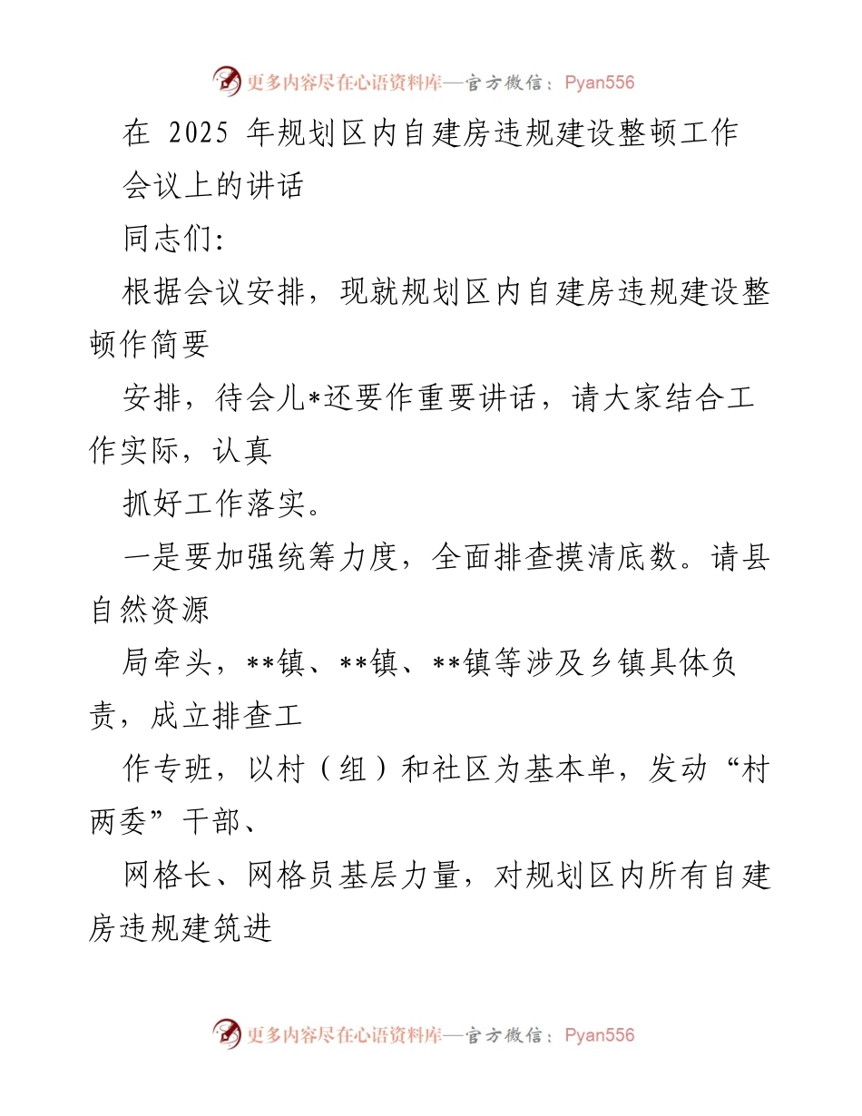 [发言] 会议 - 2025年规划区自建房违规建设整顿工作讲话.docx_第1页