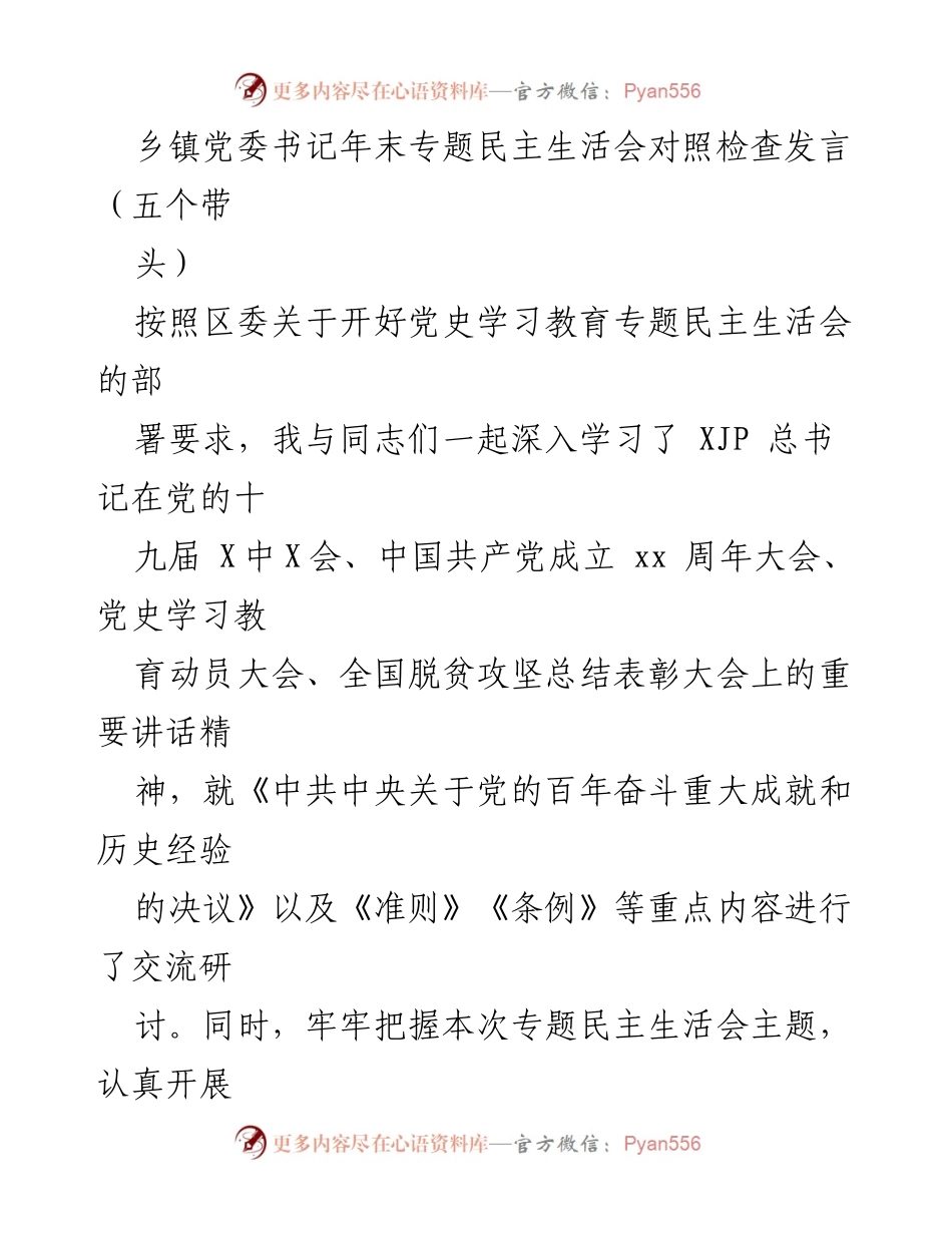 [发言] 乡镇党委书记年末专题民主生活会 - 年末专题民主生活会对照检查发言总结_2.docx_第1页