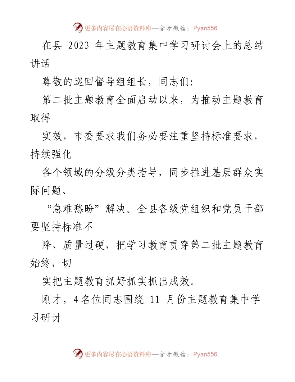[发言] 主题教育集中学习研讨会 - 深化主题教育，推动高质量发展与问题解决.docx_第1页