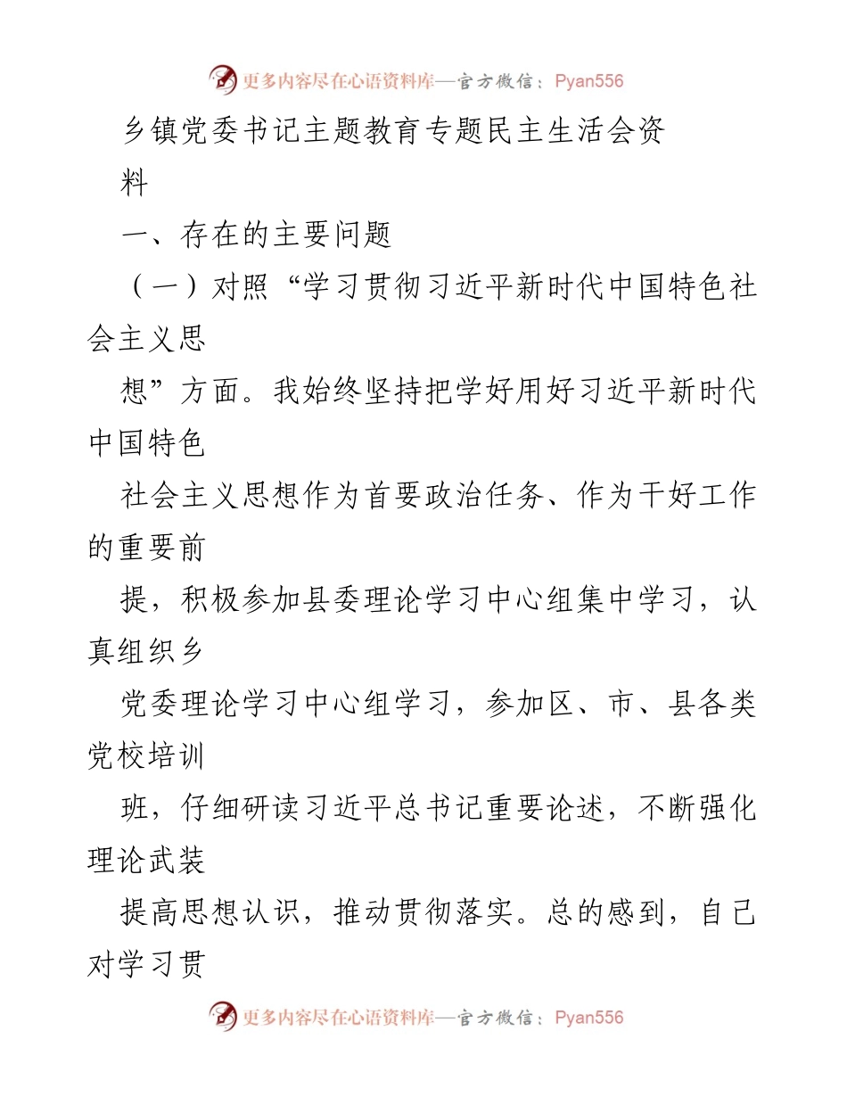 [发言] 乡镇党委书记主题教育专题民主生活会 - 反思与提升：乡镇党委书记在主题教育中的学习与实践问题分析.docx_第1页