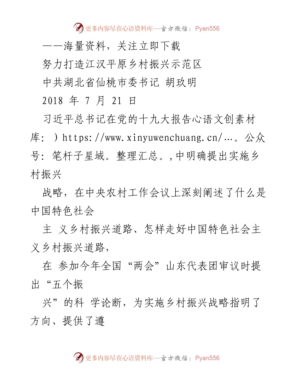 [发言] 乡村振兴示范区建设 - 努力打造江汉平原乡村振兴示范区的战略与实践.docx_第1页