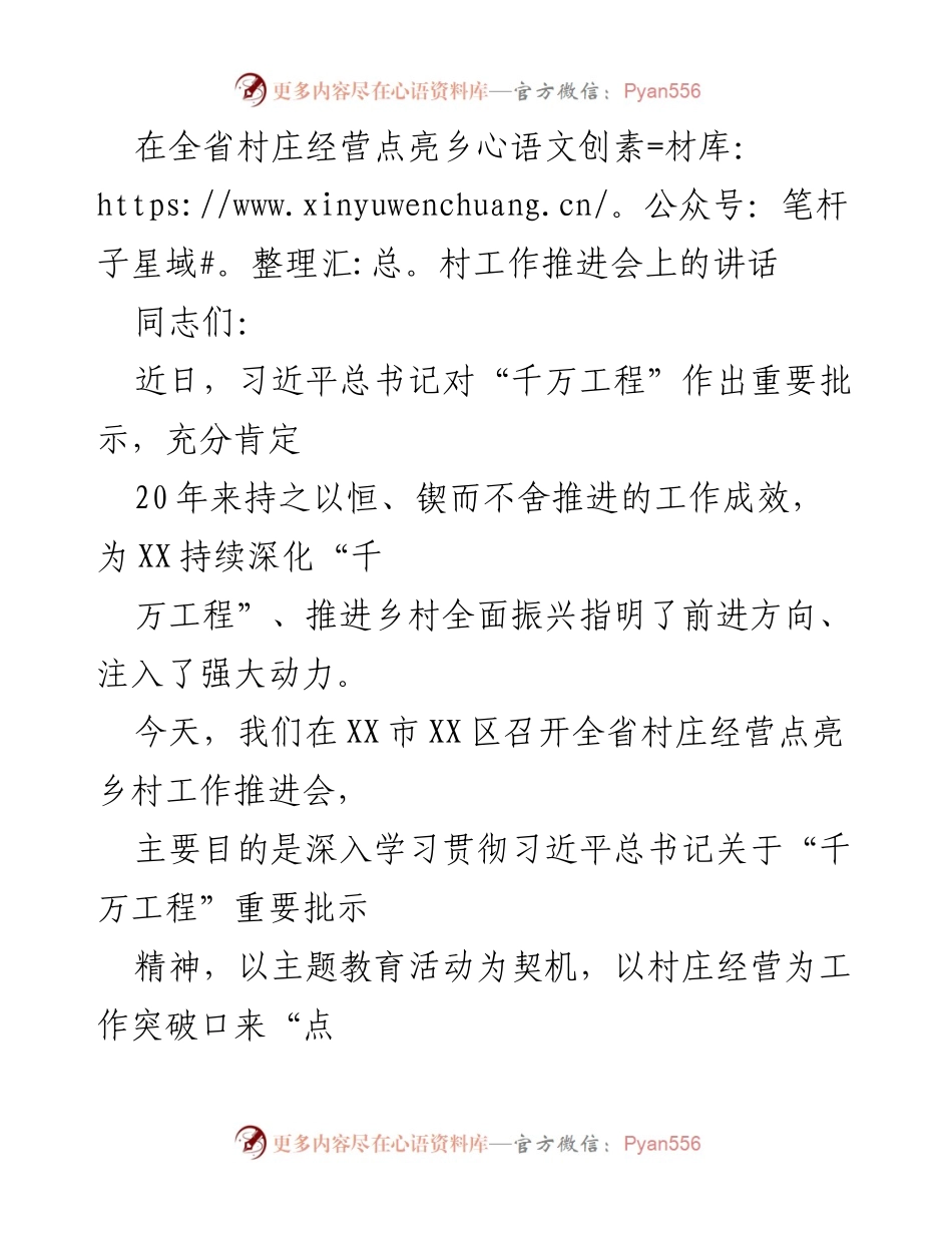 [发言] 乡村工作推进会 - 贯彻习近平总书记重要批示，推动村庄经营点亮乡村.docx_第1页