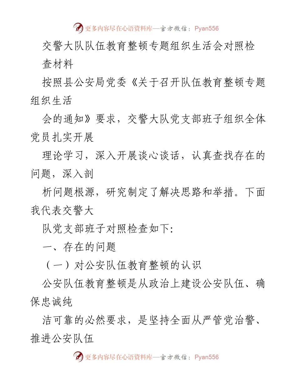[发言] 交警大队队伍教育整顿专题组织生活会 - 交警大队队伍教育整顿对照检查发言稿.docx_第1页