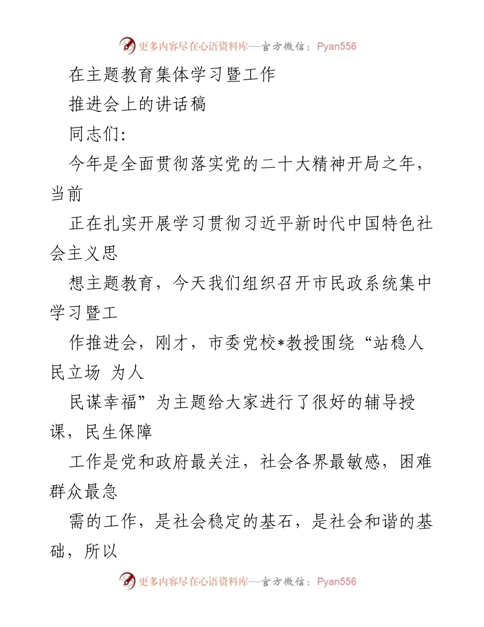 [发言] 主题教育集体学习暨工作推进会 - 加强民生保障，推动民政工作新发展.docx_第1页