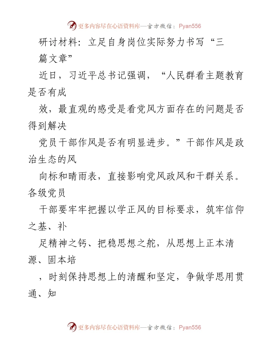 [发言] 主题教育研讨会 - 立足岗位实际，努力书写“三篇文章”.docx_第1页