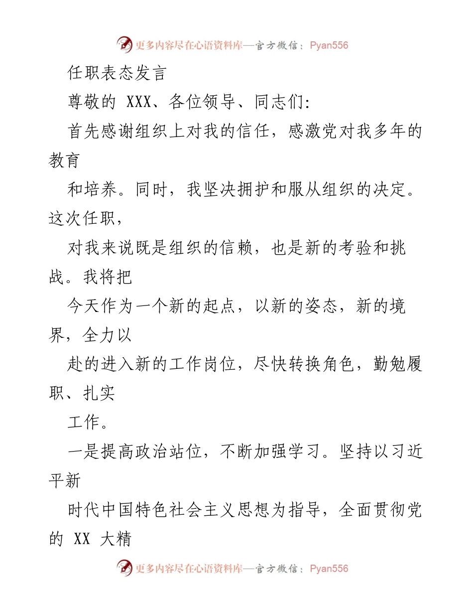 [发言] 任职表态 - 坚定信念，勇担使命：我的任职表态发言.docx_第1页
