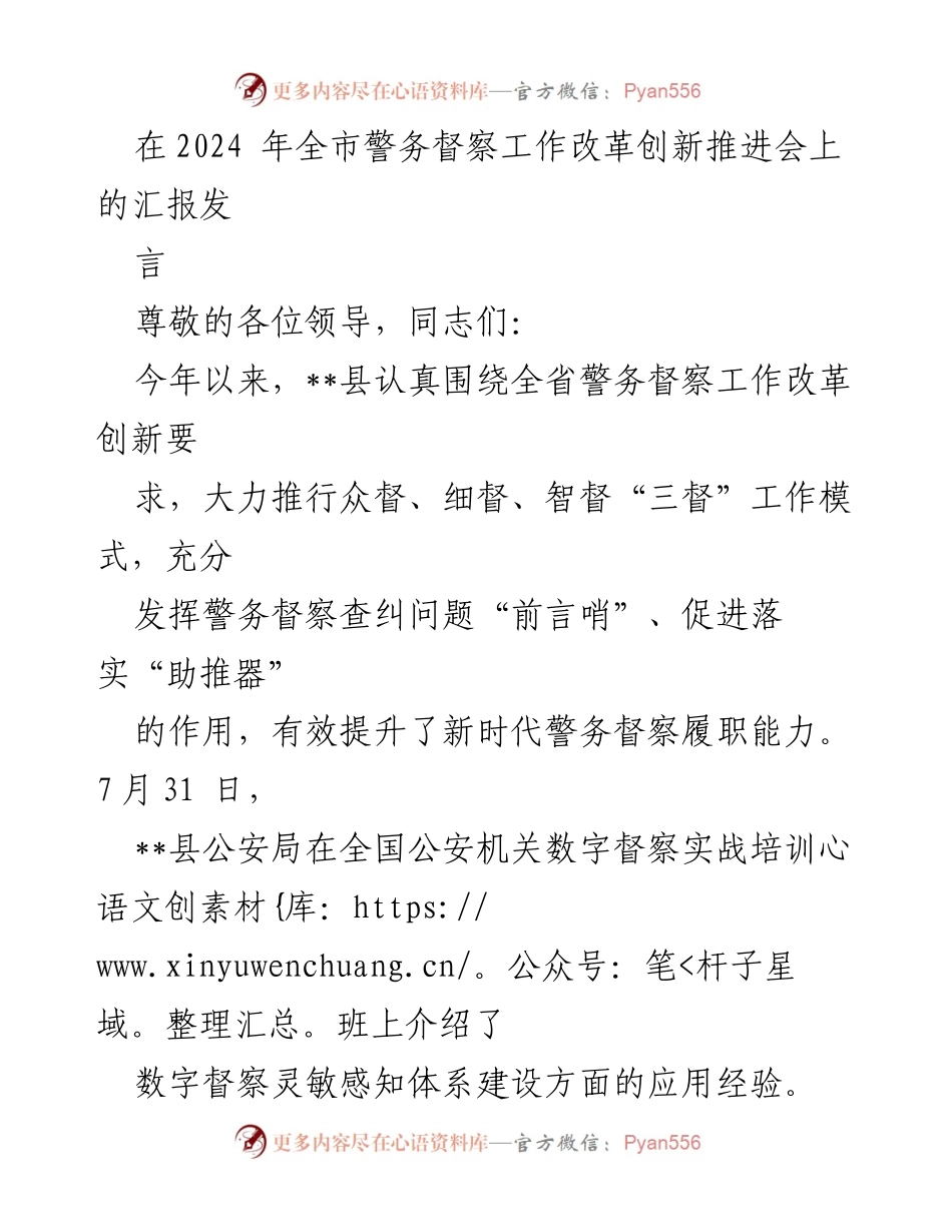 [发言] 会议 - 2024年全市警务督察工作改革创新推进会汇报发言.docx_第1页