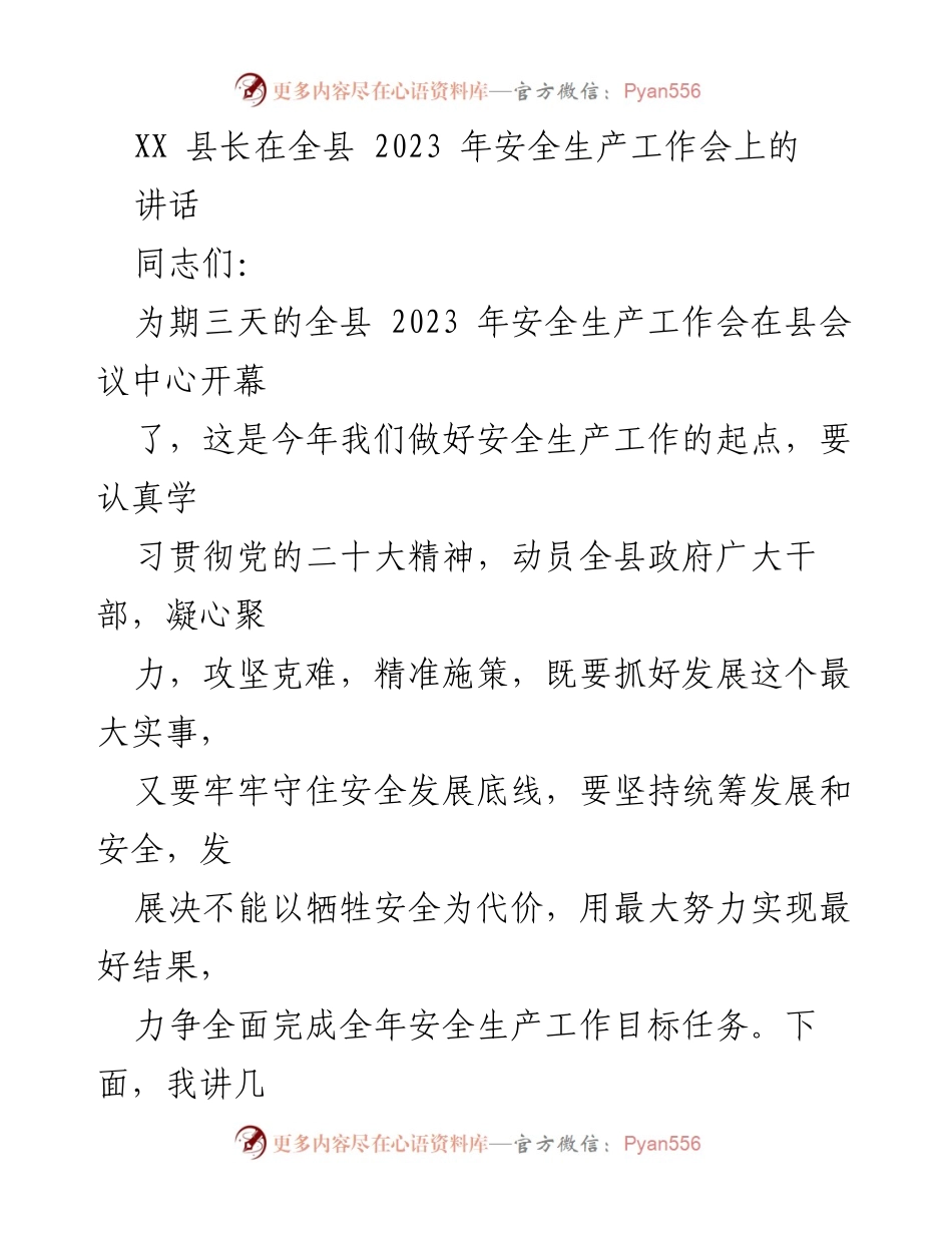 [发言] 会议 - XX县长在2023年安全生产工作会上的讲话.docx_第1页