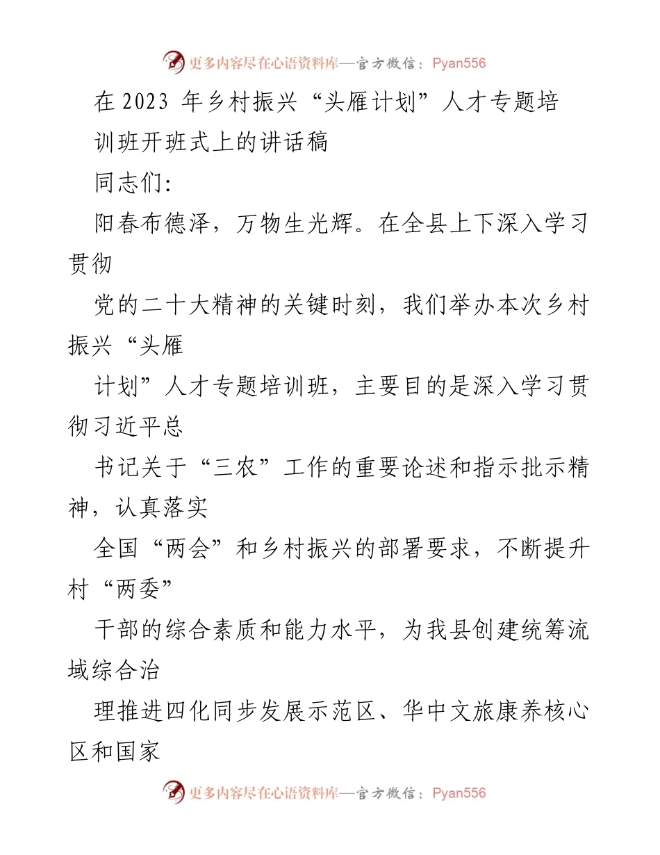 [发言] 乡村振兴“头雁计划”人才专题培训班开班式 - 强化乡村干部能力提升，推动乡村振兴战略落地.docx_第1页