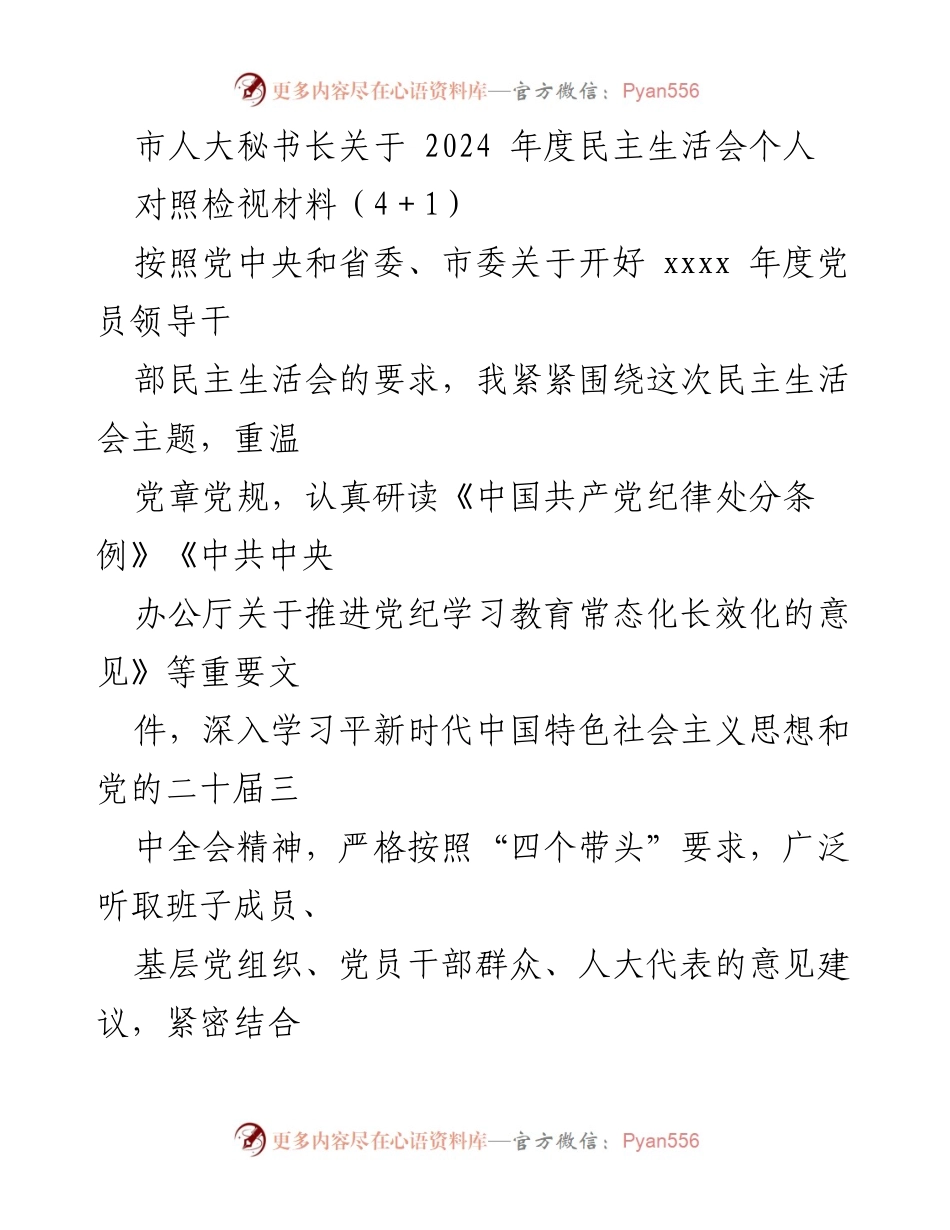 [发言] 人大民主生活会 - 市人大秘书长2024年度民主生活会个人对照检视汇报.docx_第1页