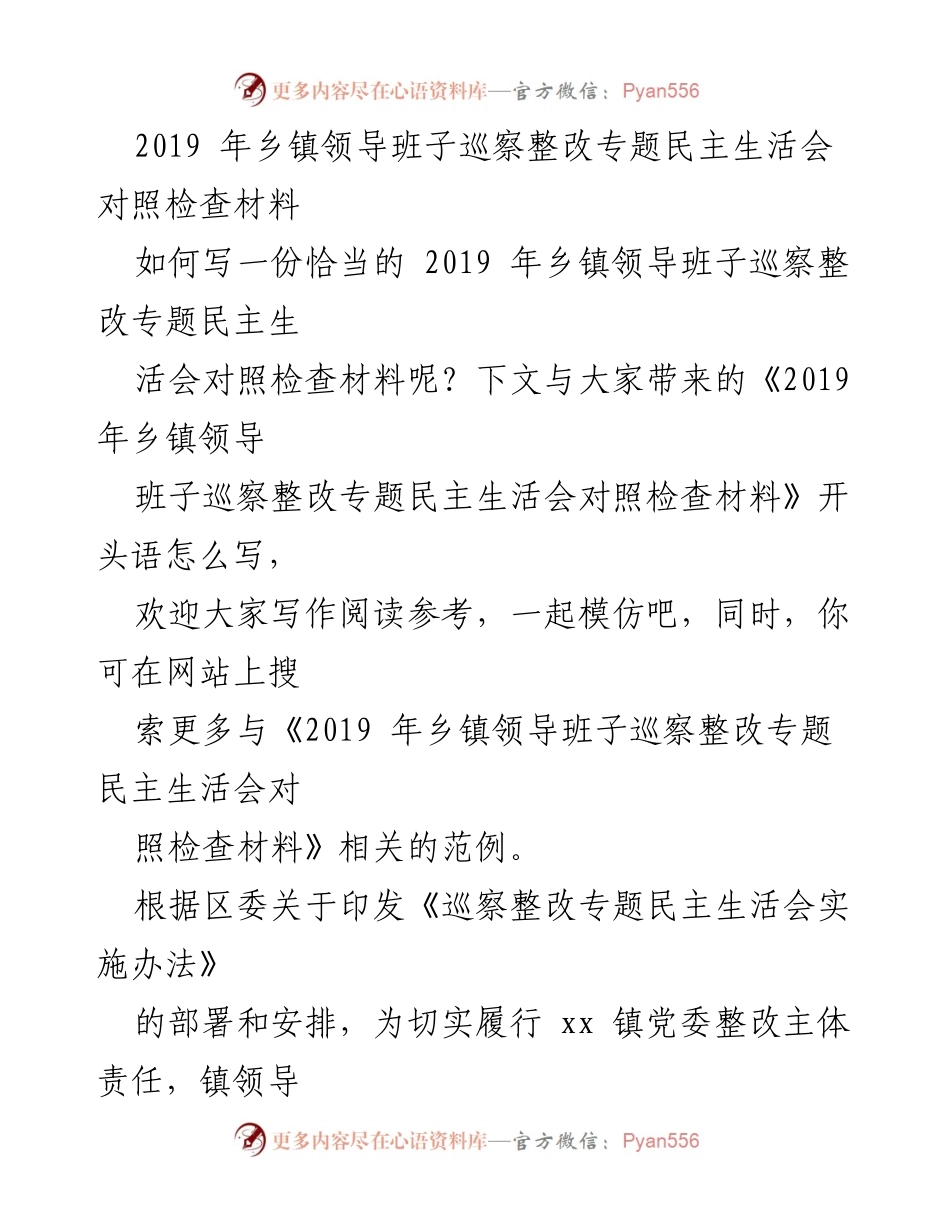 [发言] 乡镇领导班子巡察整改会议 - 2019年乡镇领导班子巡察整改专题民主生活会对照检查发言材料.docx_第1页