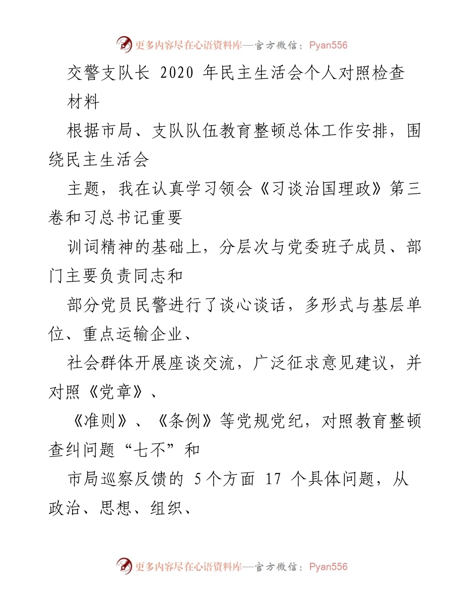 [发言] 交警支队民主生活会 - 交警支队长2020年民主生活会个人对照检查报告.docx_第1页