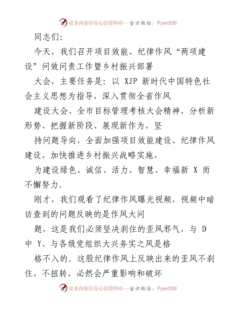 [发言] 乡村振兴部署大会 - 加强项目效能与纪律作风建设的紧迫性与重要性.docx_第1页