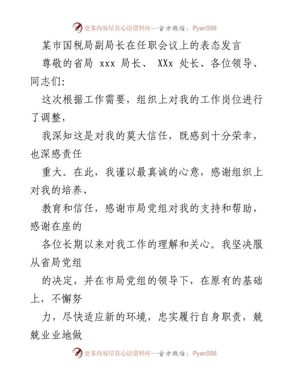 [发言] 任职会议 - 新任副局长的表态与工作承诺.docx_第1页