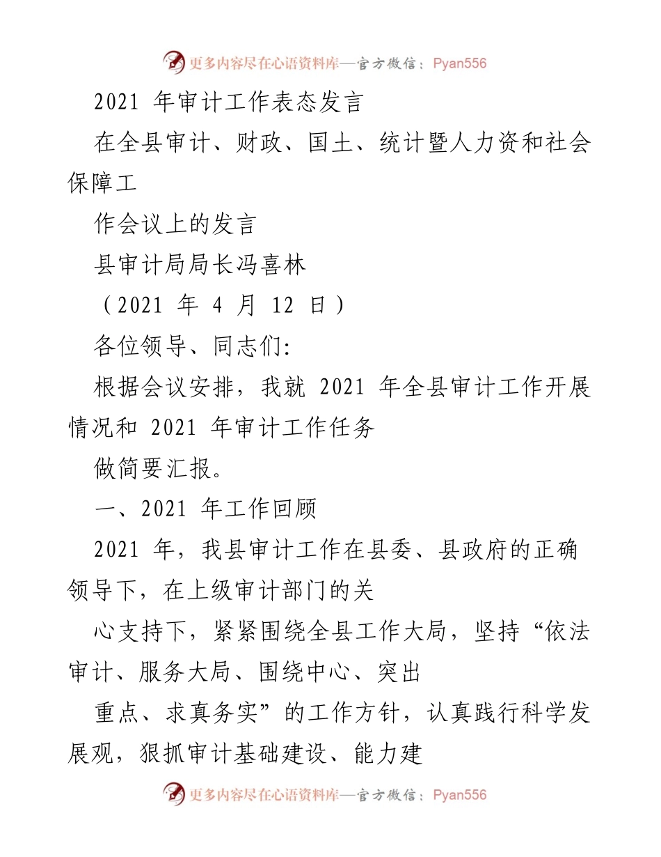 [发言] 会议 - 2021年全县审计工作总结与任务部署.docx_第1页