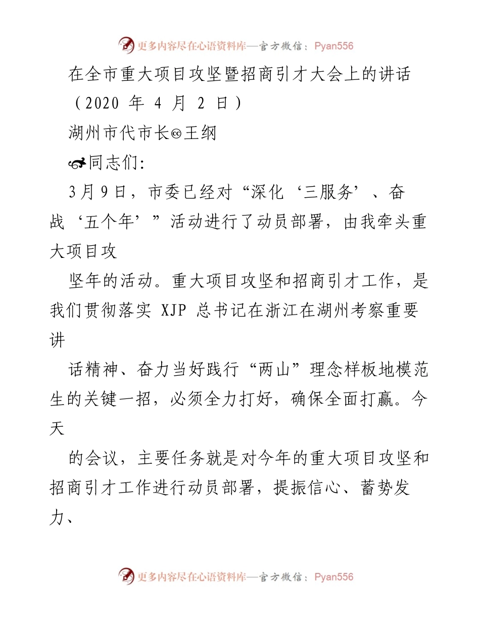 [发言] 会议 - 全力推进湖州重大项目攻坚与招商引才工作.docx_第1页