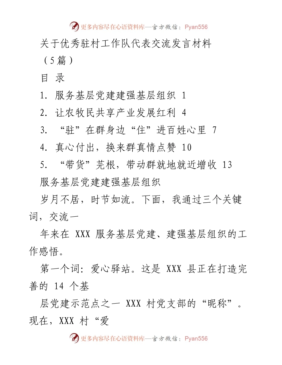 [发言] 优秀驻村工作队代表交流 - 深入基层，服务民众：驻村工作队的实践与探索.docx_第1页