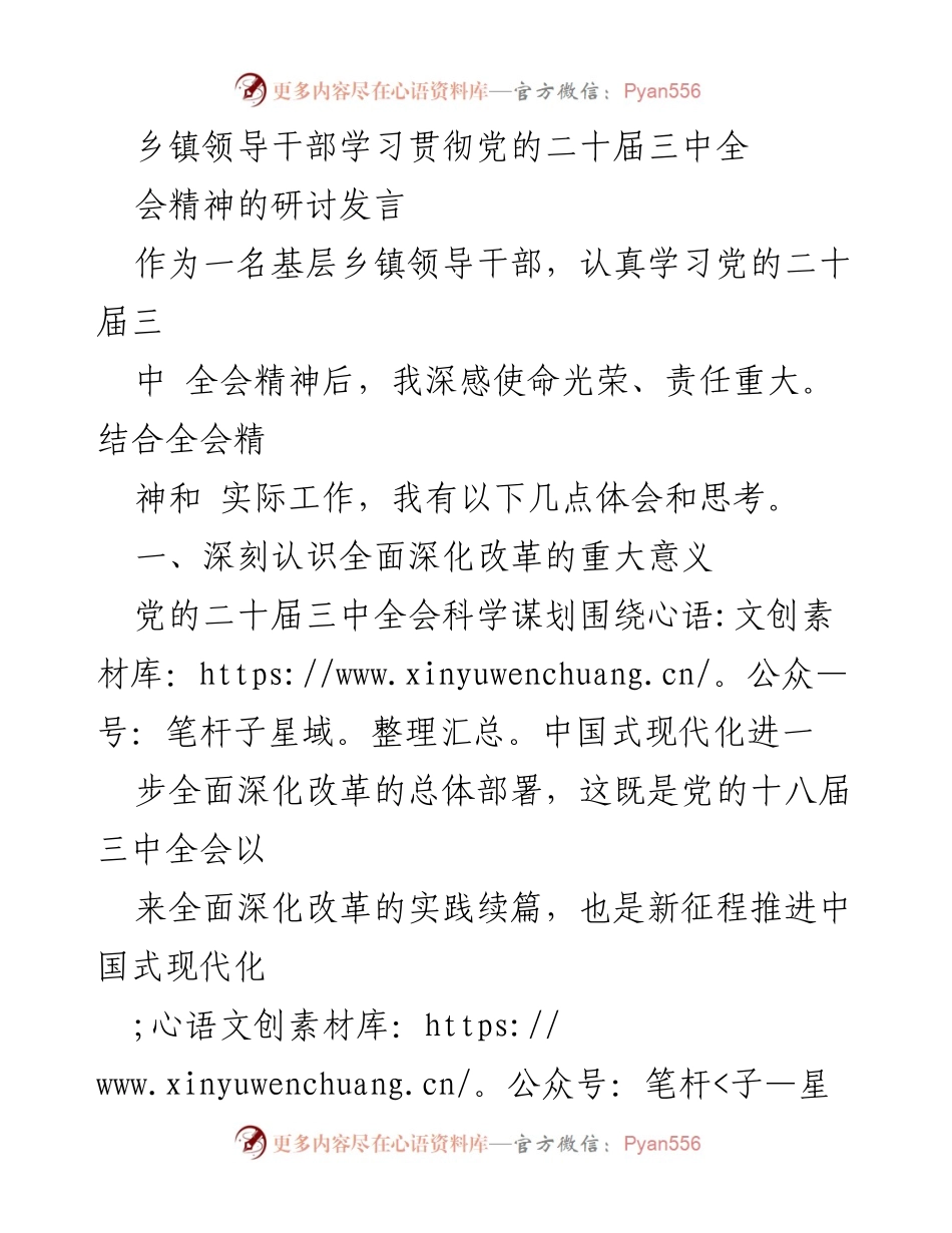 [发言] 乡镇领导干部研讨会 - 深入学习贯彻党的二十届三中全会精神的体会与思考.docx_第1页