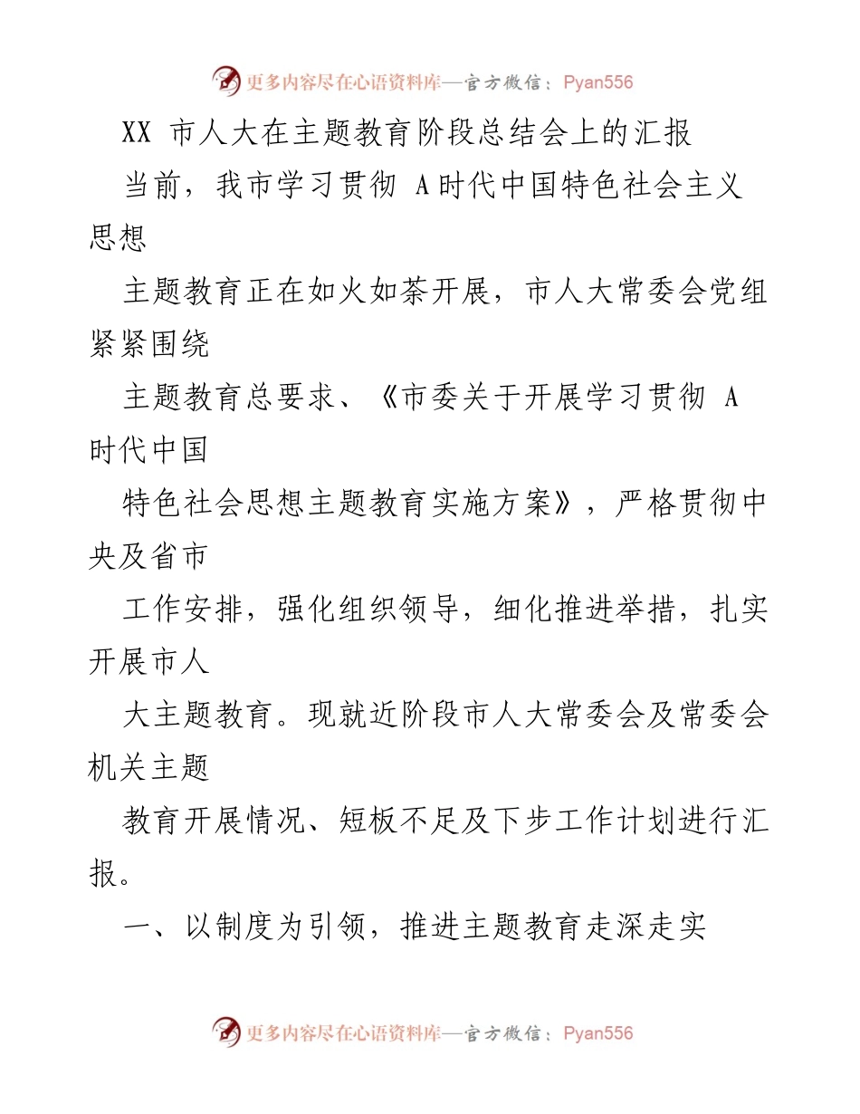 [发言] 主题教育阶段总结会 - 市人大常委会主题教育开展情况汇报.docx_第1页