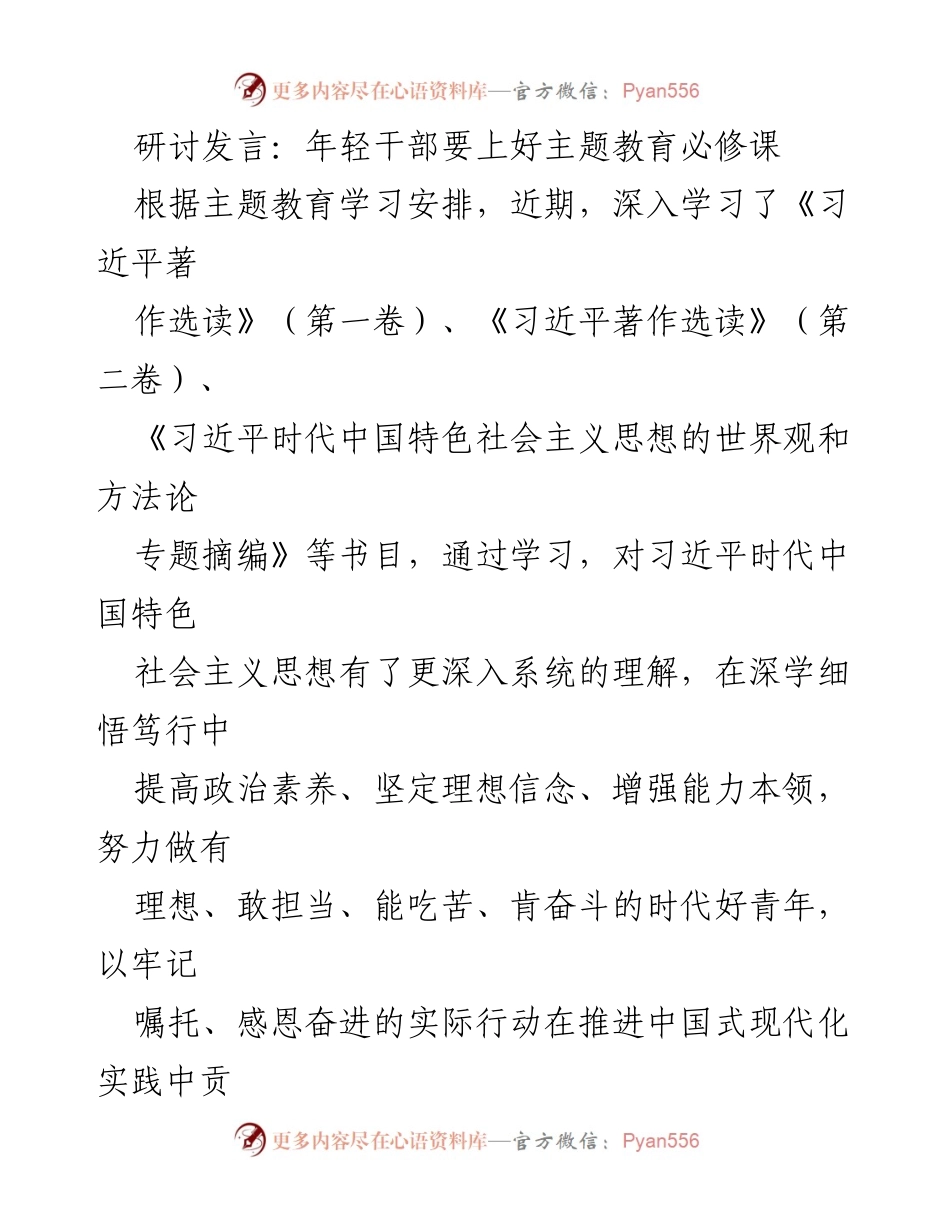 [发言] 主题教育研讨 - 年轻干部应深化主题教育，锤炼忠诚担当的政治素养.docx_第1页