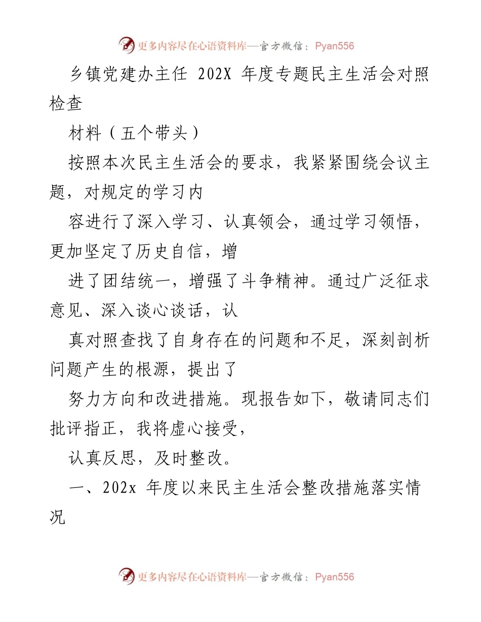 [发言] 乡镇党建专题民主生活会 - 202X年度民主生活会对照检查与整改措施总结.docx_第1页