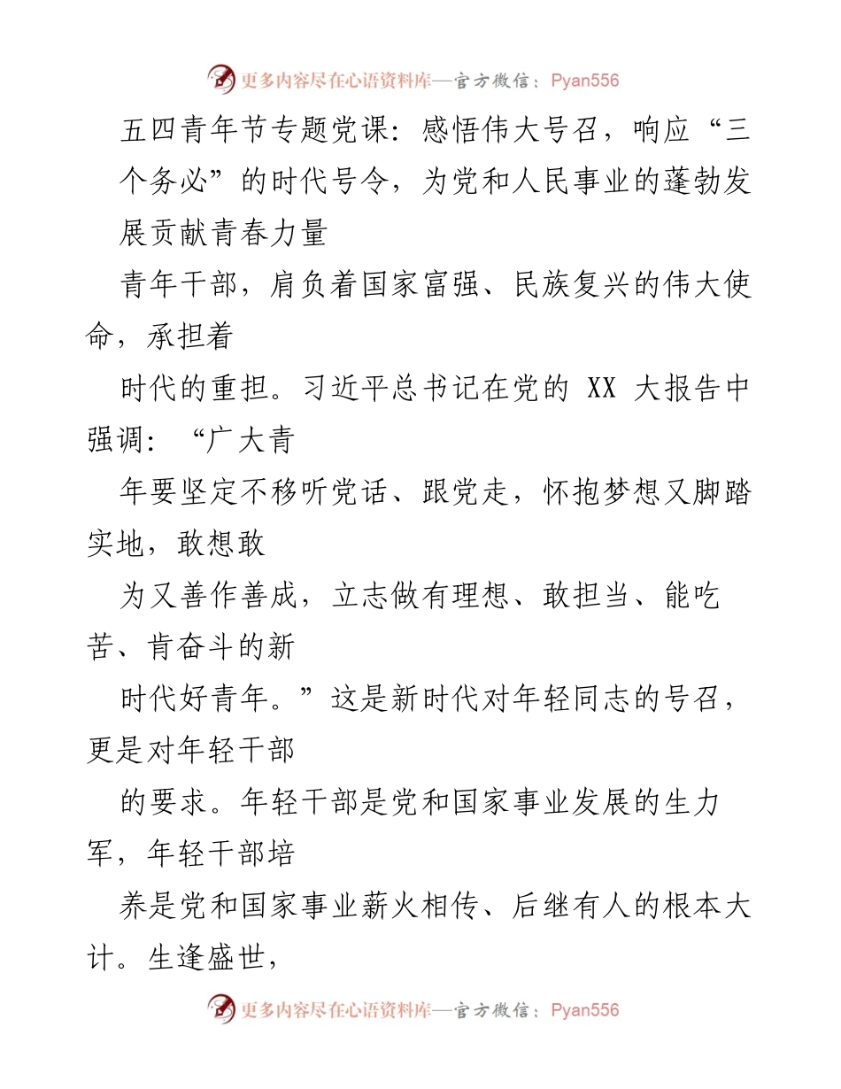 [发言] 五四青年节专题党课 - 青年干部的使命与担当：响应时代号令，贡献青春力量.docx_第1页
