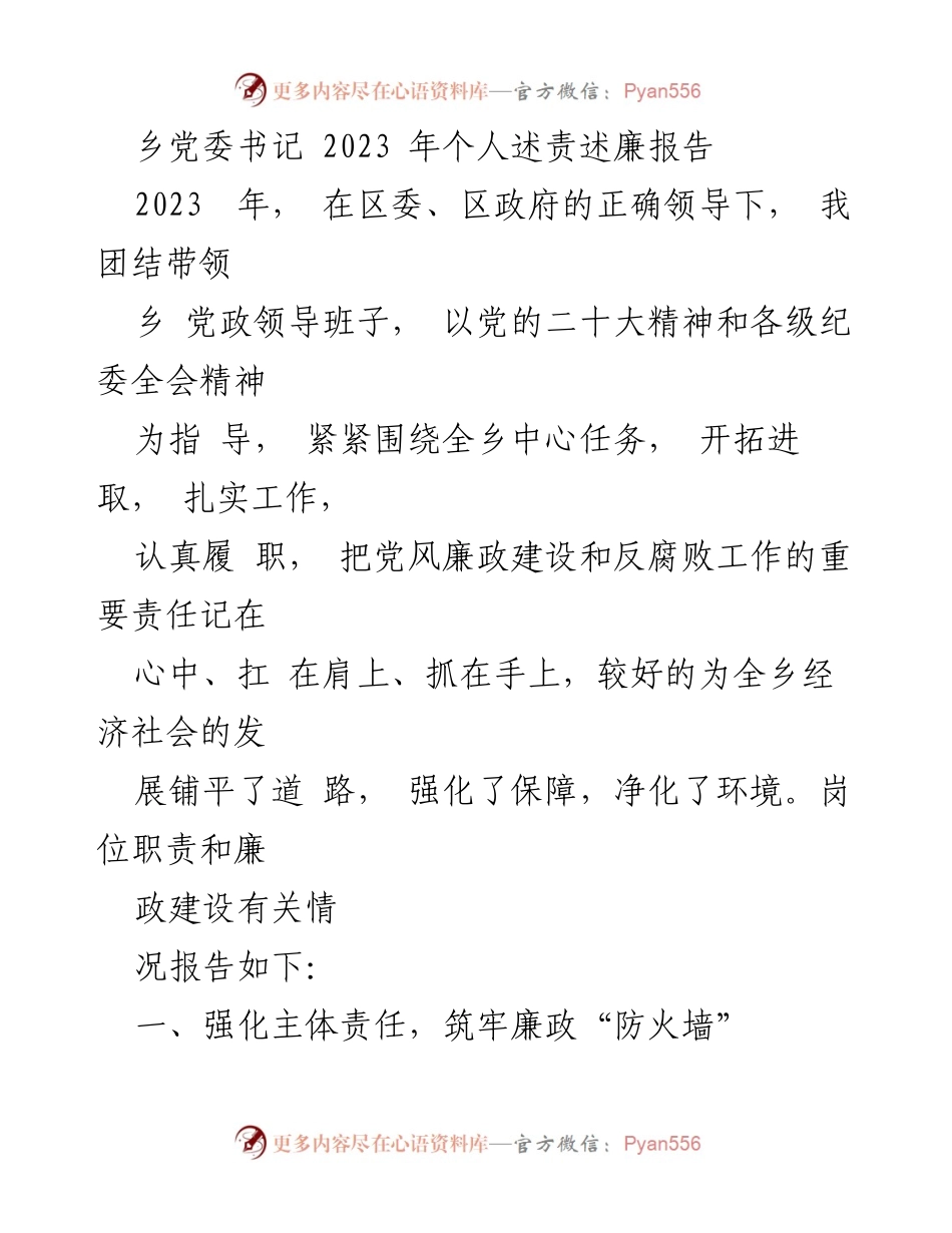 [发言] 乡党委会议 - 2023年乡党委书记个人述责述廉报告.docx_第1页