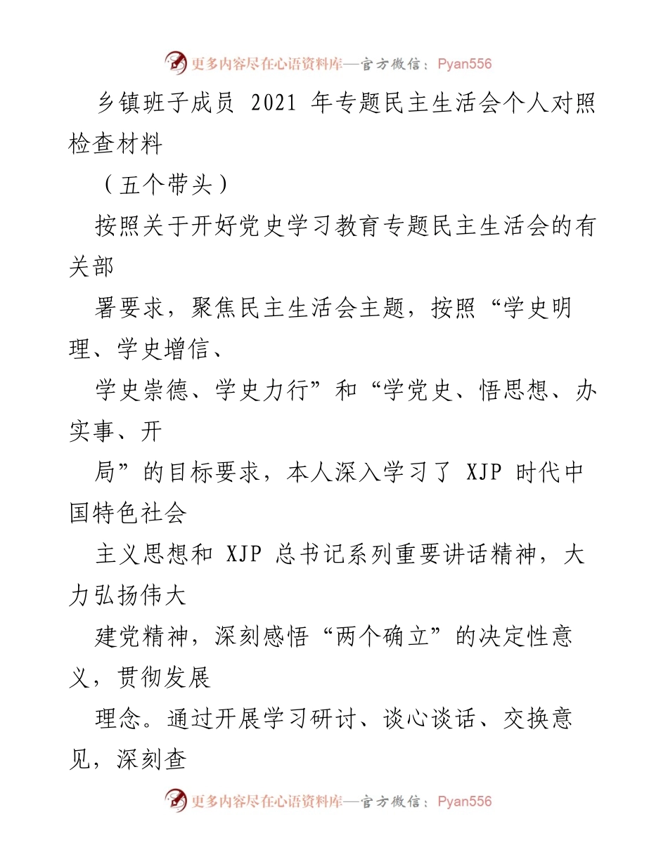 [发言] 乡镇班子成员专题民主生活会 - 个人对照检查材料总结.docx_第1页