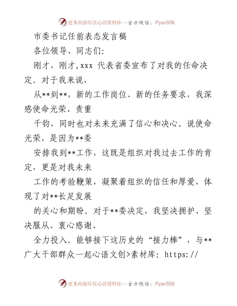 [发言] 任职仪式 - 新任市委书记表态发言：使命光荣与责任担当.docx_第1页