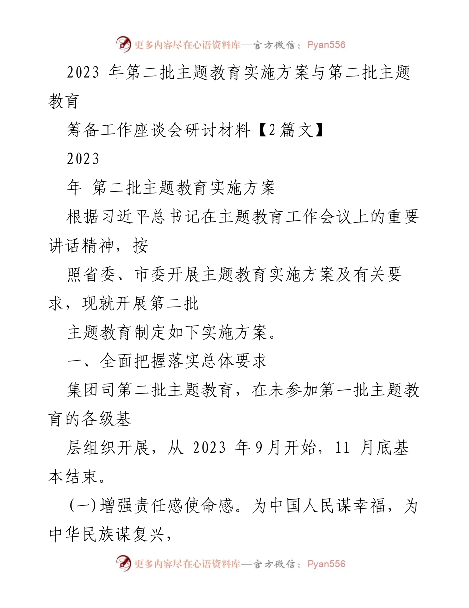 [发言] 主题教育筹备工作座谈会 - 2023年第二批主题教育实施方案解读与落实策略.docx_第1页