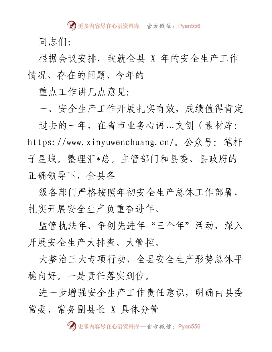 [发言] 会议 - 全县安全生产工作总结与问题整改建议.docx_第1页