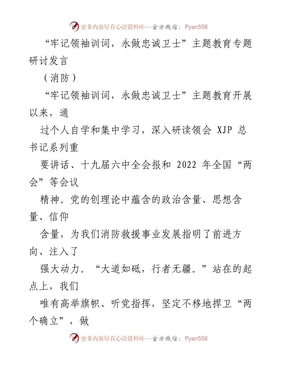 [发言] 主题教育研讨会 - “牢记领袖训词，永做忠诚卫士”——消防救援队伍的使命与责任.docx_第1页