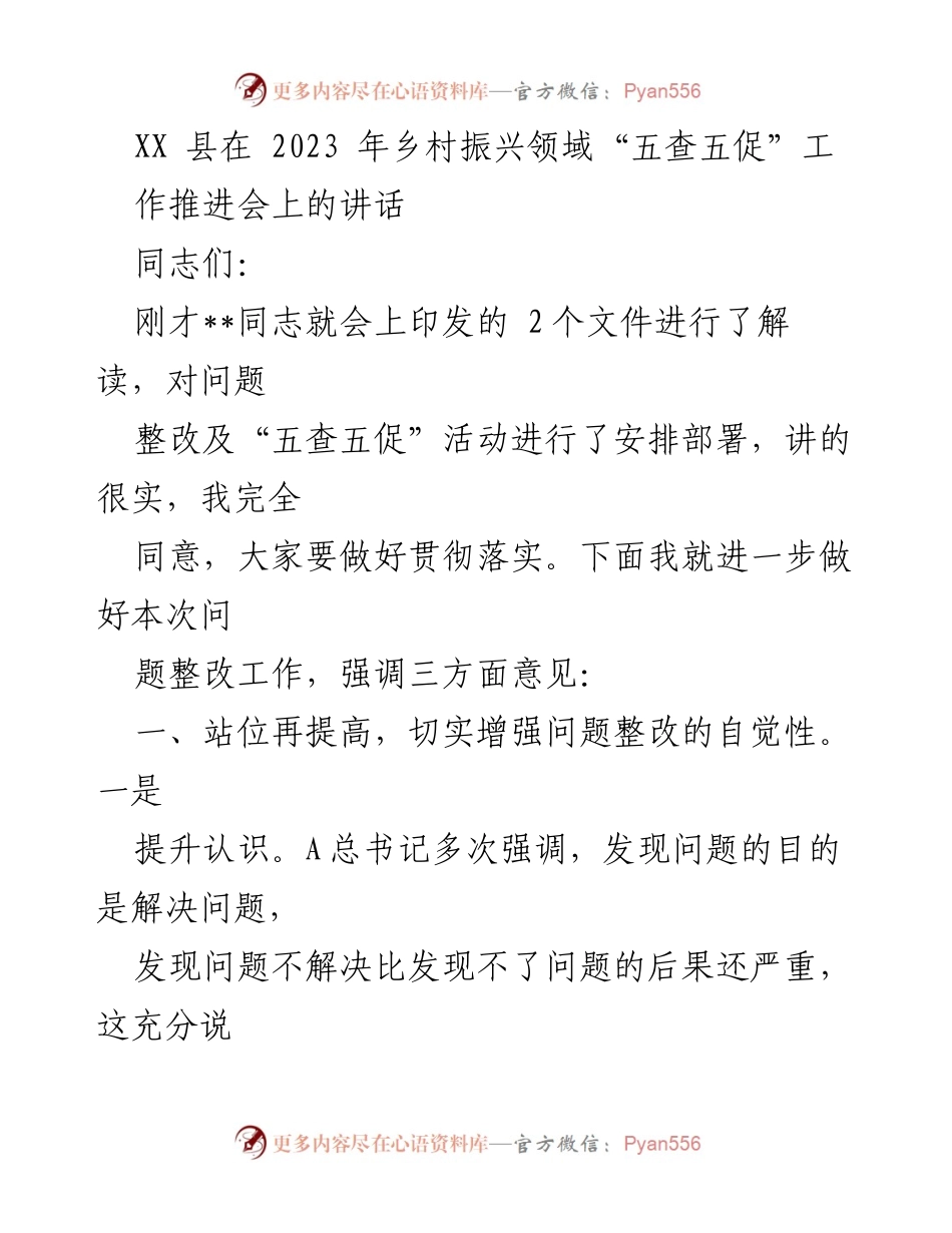[发言] 乡村振兴工作推进会 - 强调问题整改的重要性与复杂性.docx_第1页