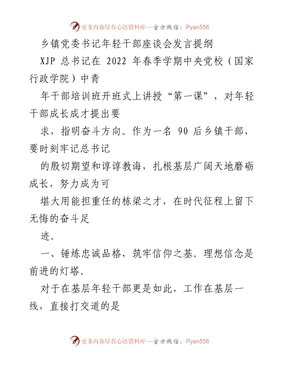 [发言] 乡镇党委书记年轻干部座谈会 - 坚守信仰与清廉，奋发向上：年轻干部的成长之路.docx_第1页