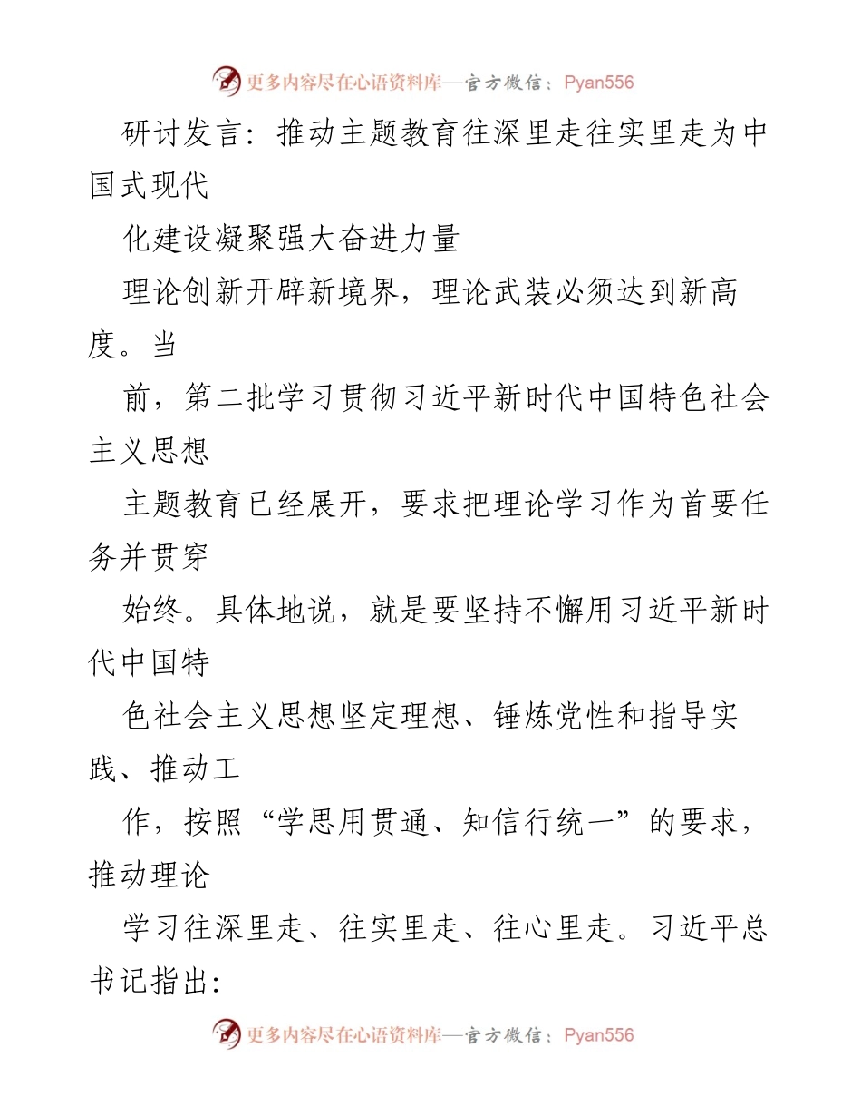 [发言] 主题教育研讨会 - 深化理论学习，助力中国式现代化建设.docx_第1页