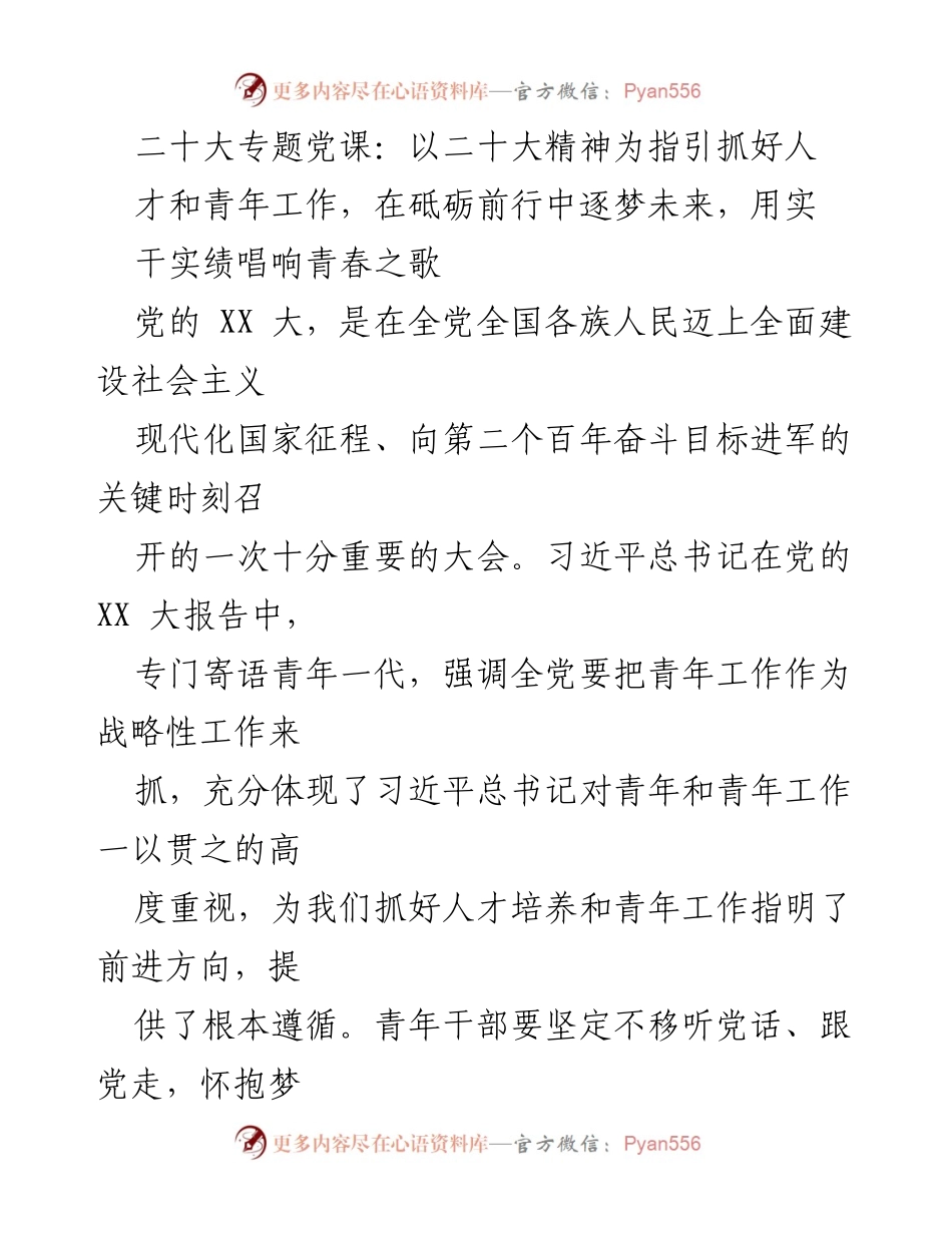[发言] 二十大专题党课 - 抓好人才与青年工作，砥砺前行逐梦未来.docx_第1页