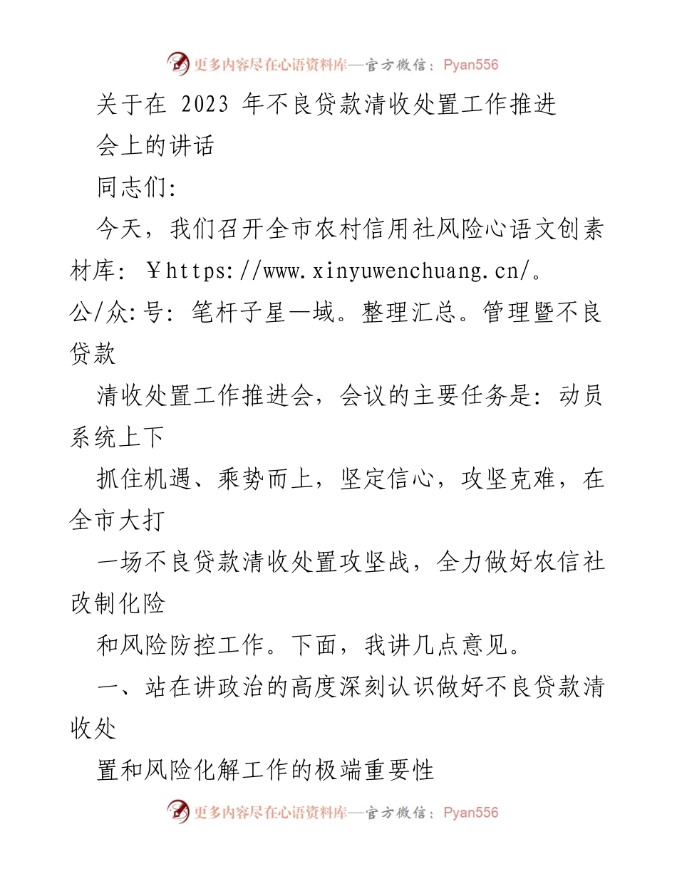 [发言] 会议 - 全力推进不良贷款清收处置工作.docx_第1页