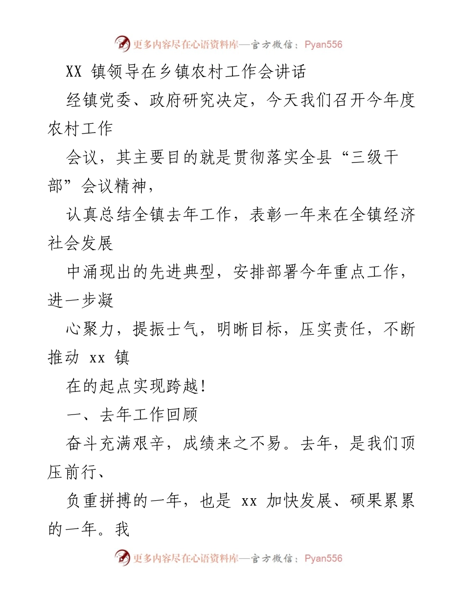 [发言] 乡镇农村工作会 - XX镇农村工作会议讲话总结与展望.docx_第1页