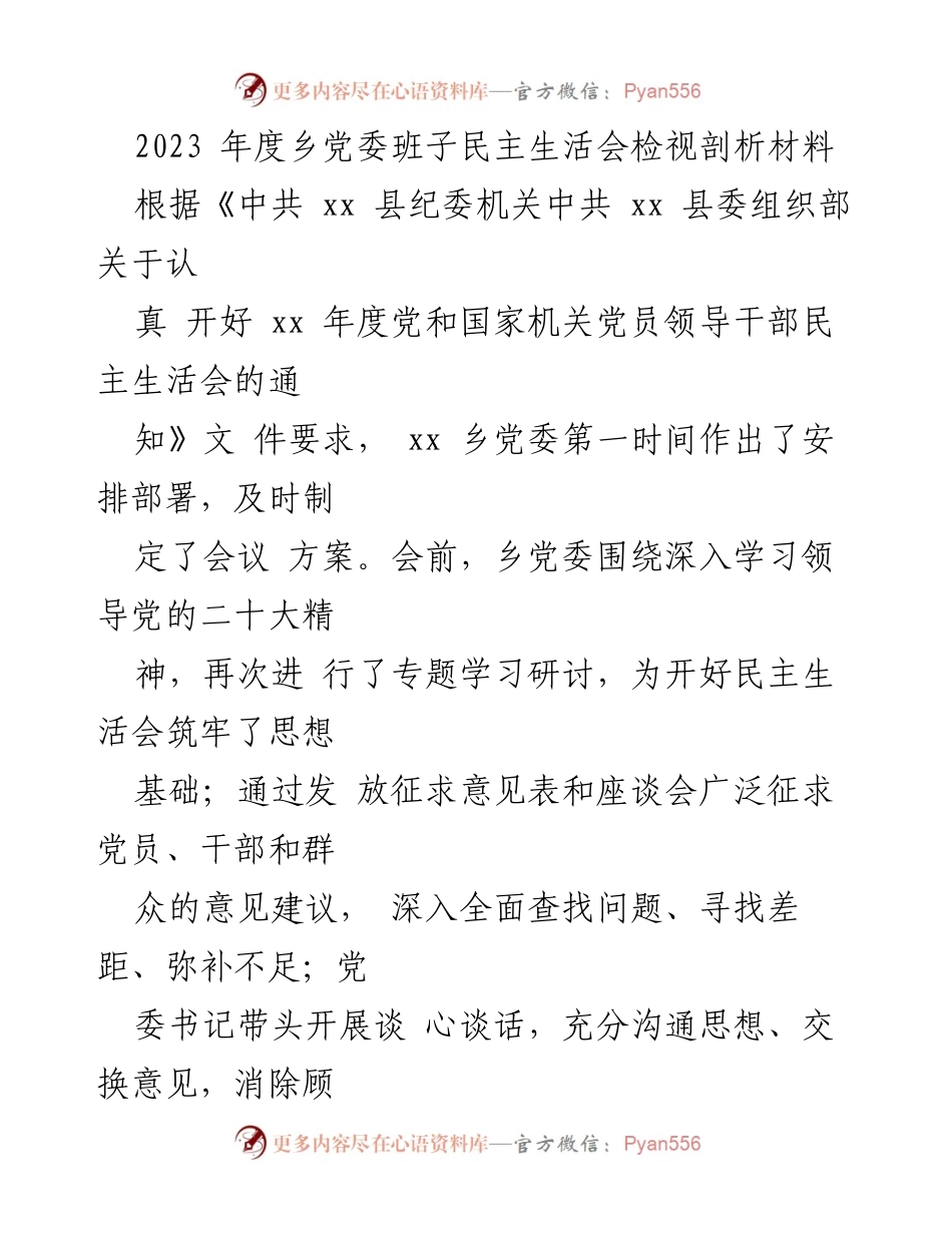 [发言] 乡党委班子民主生活会 - 2023年度乡党委班子民主生活会检视与整改措施分析.docx_第1页