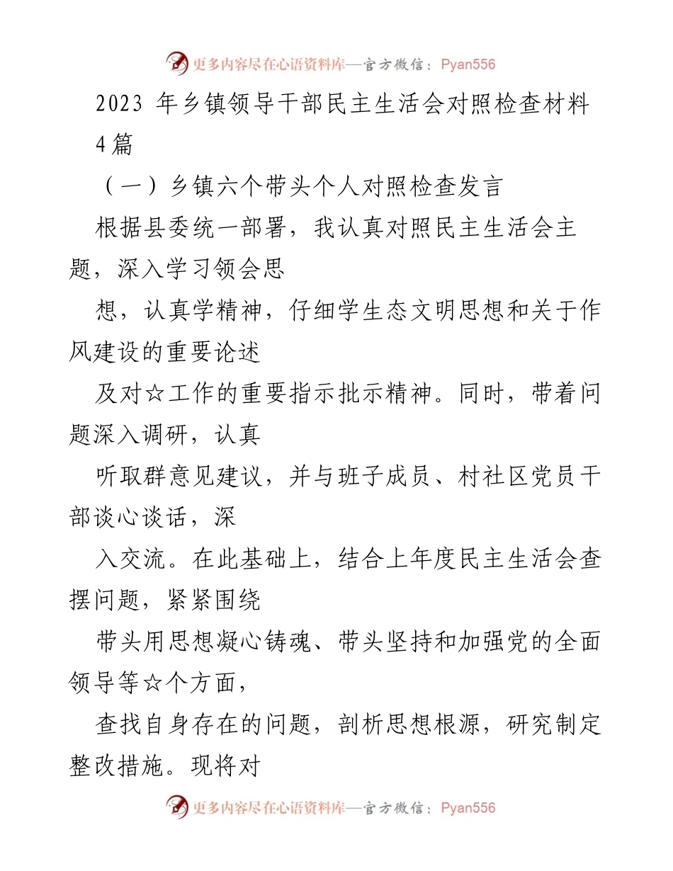 [发言] 乡镇领导干部民主生活会 - 2023年乡镇领导干部民主生活会对照检查发言总结.docx_第1页