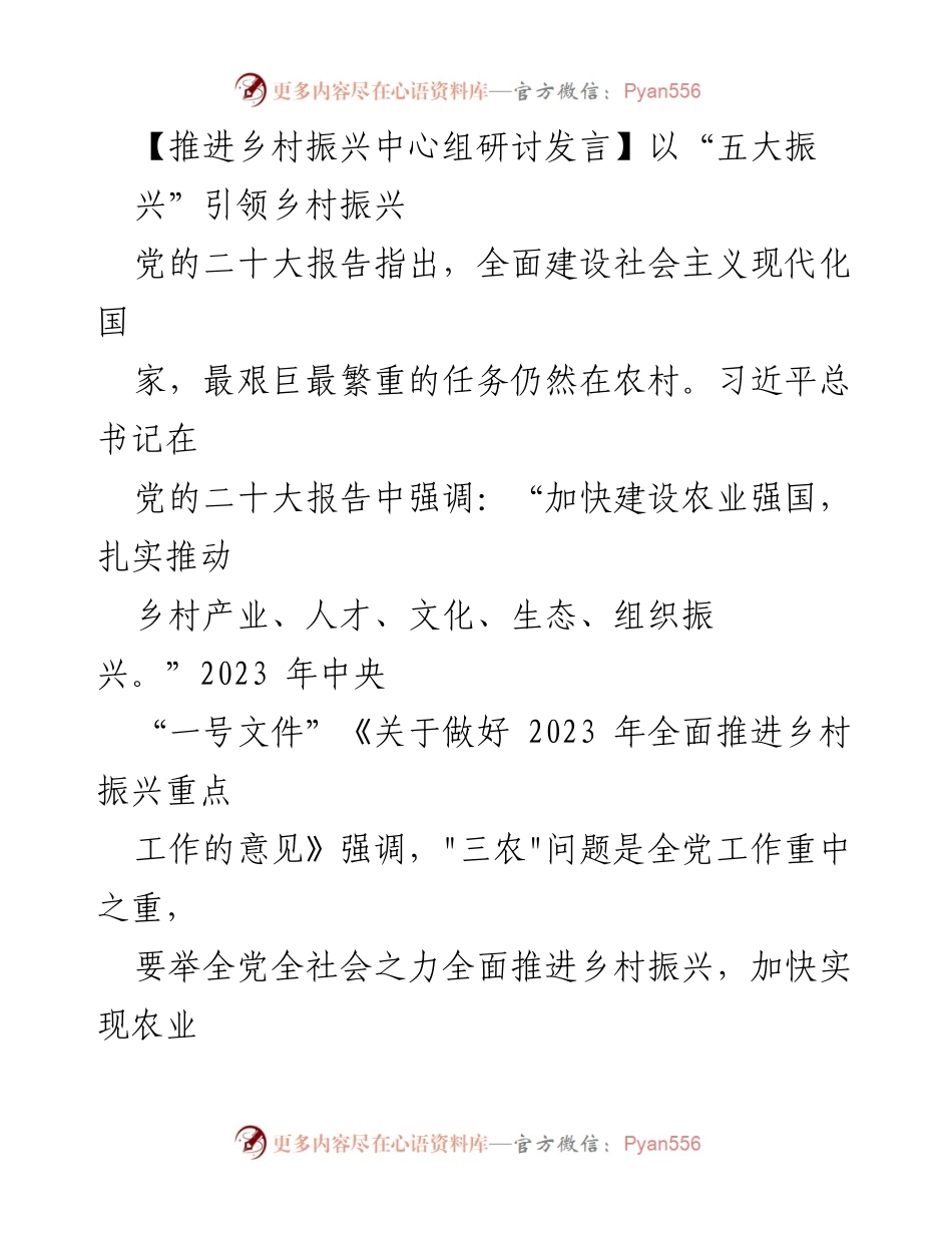 [发言] 乡村振兴中心组研讨 - 以“五大振兴”推动乡村全面发展.docx_第1页