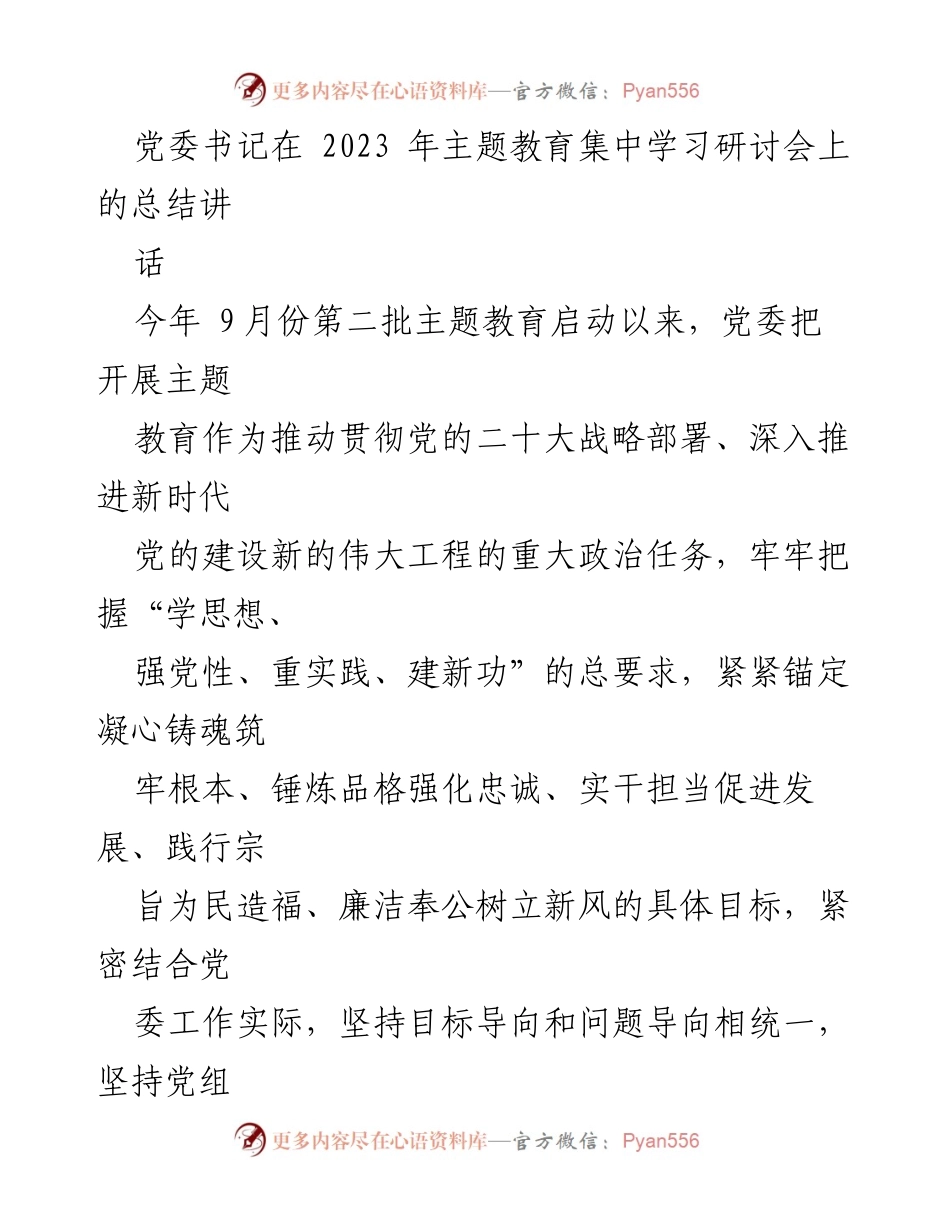 [发言] 主题教育集中学习研讨会 - 党委书记总结讲话：推动高质量主题教育的实施与成效.docx_第1页