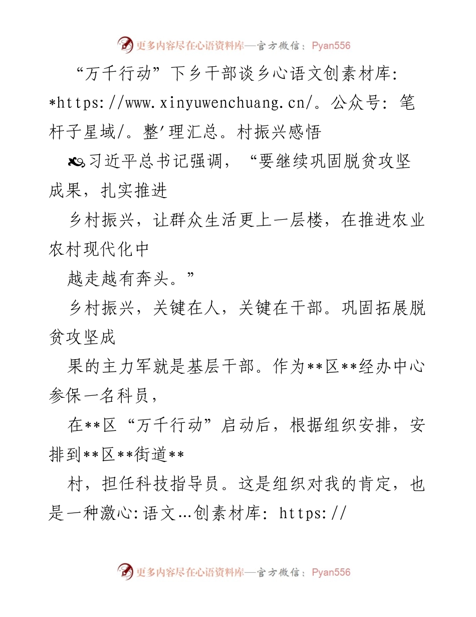 [发言] 乡村振兴座谈会 - “万千行动”下乡干部的乡村振兴实践与感悟.docx_第1页