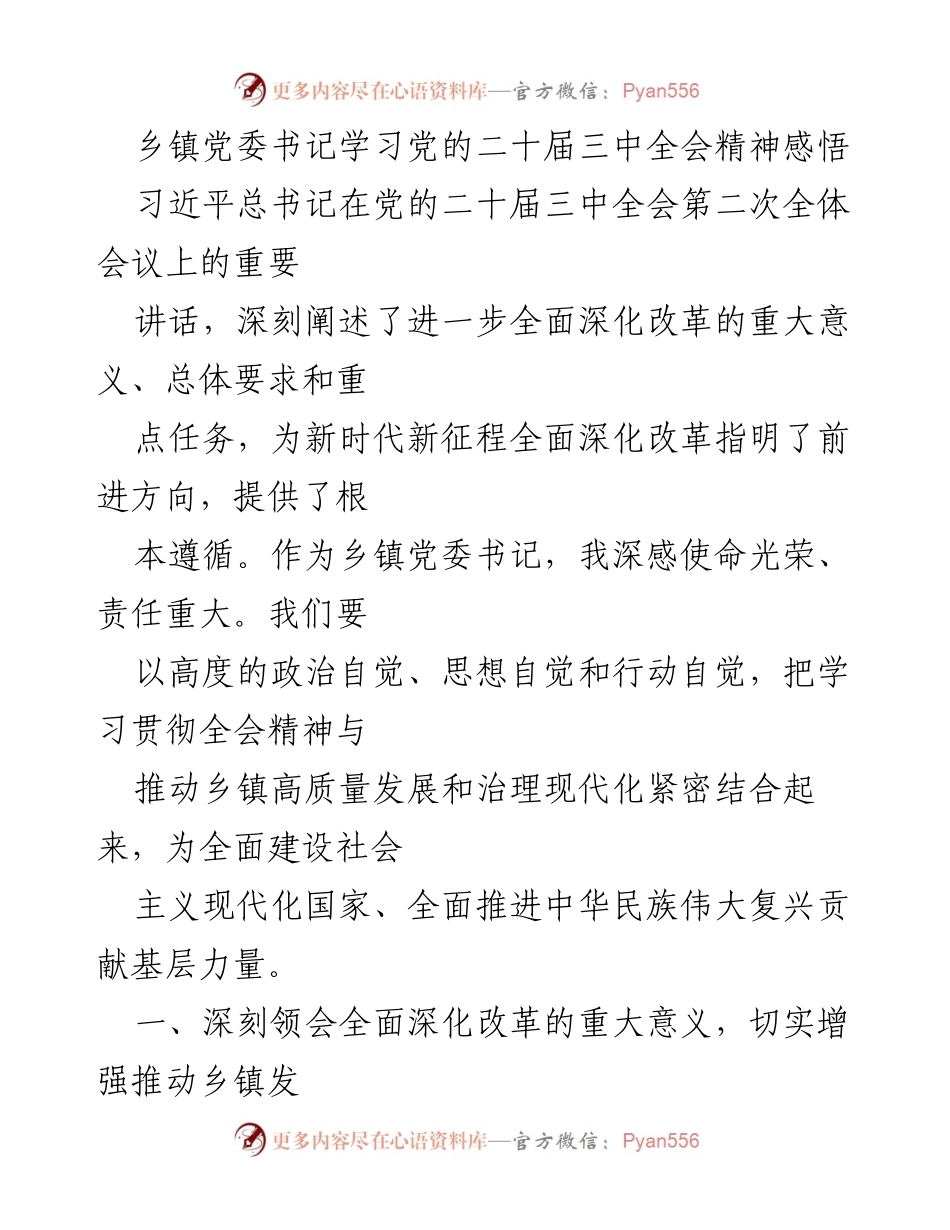 [发言] 乡镇党委学习会议 - 深入学习贯彻党的二十届三中全会精神，推动乡镇高质量发展.docx_第1页