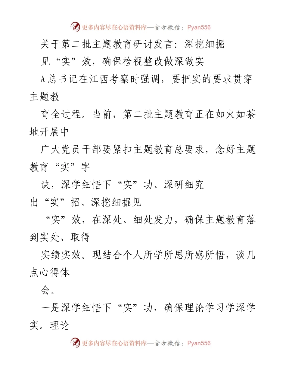 [发言] 主题教育研讨 - 深挖细掘，确保检视整改见实效_1.docx_第1页