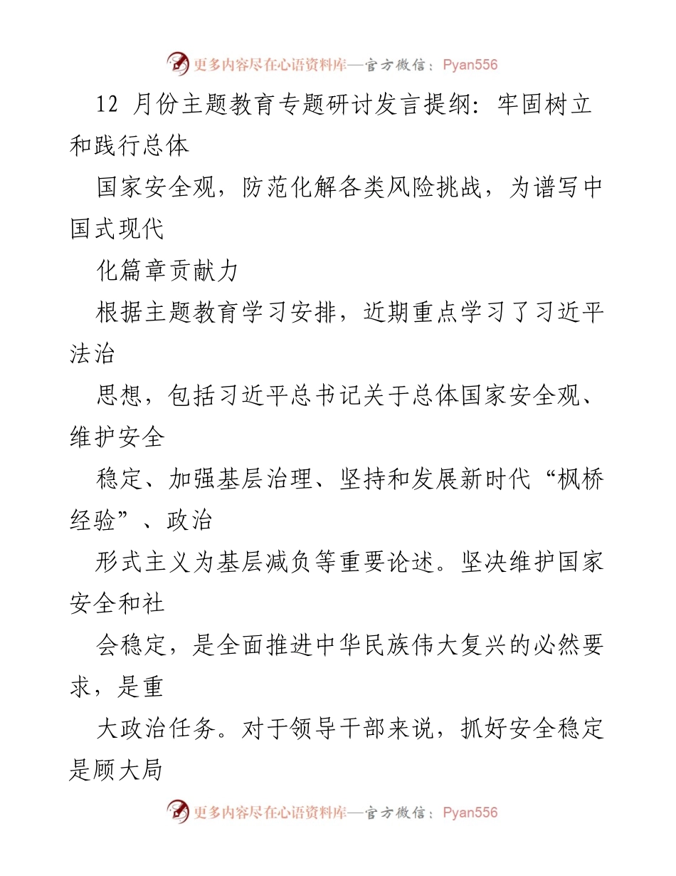 [发言] 主题教育研讨 - 牢固树立总体国家安全观，防范风险挑战，助力中国式现代化.docx_第1页