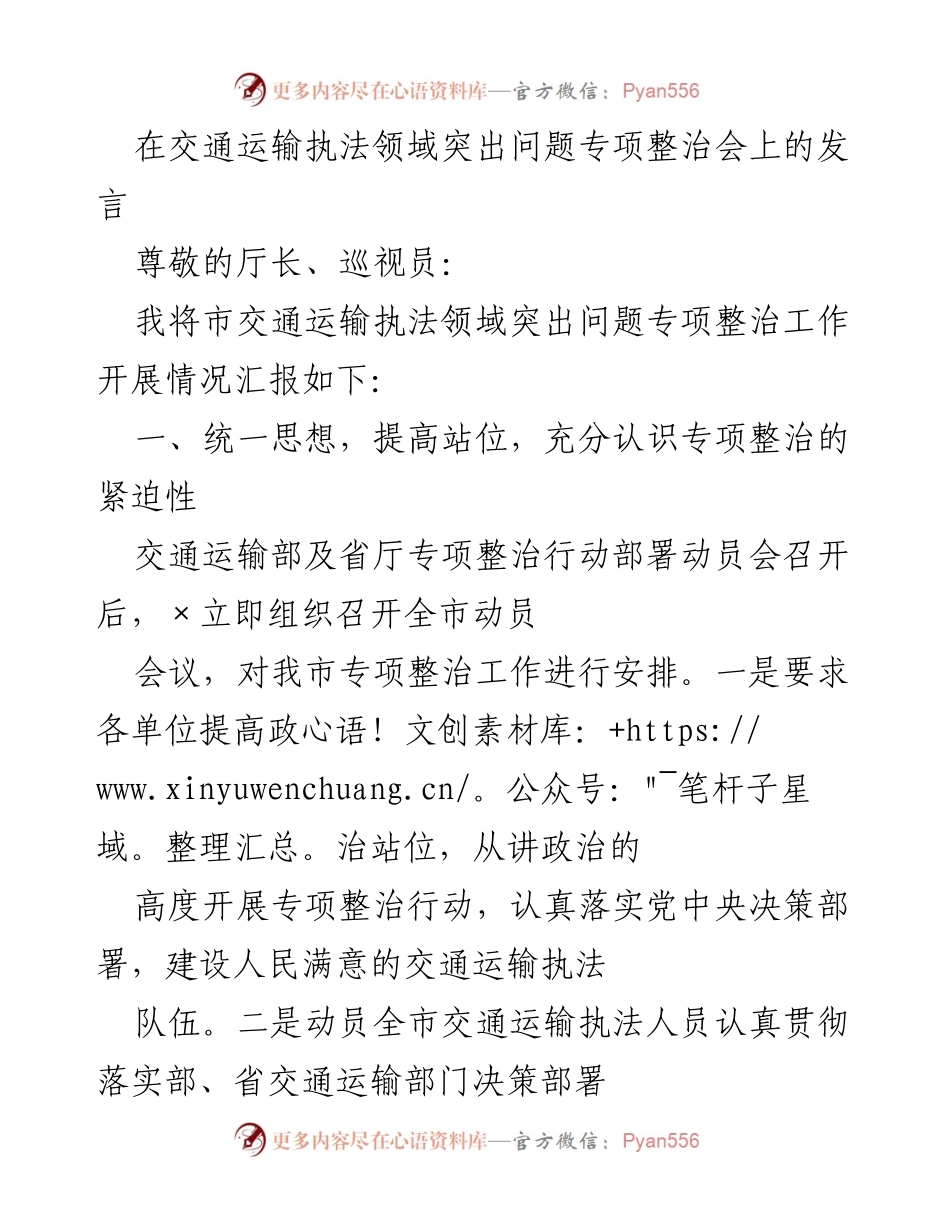 [发言] 交通运输执法专项整治会 - 加强交通运输执法领域专项整治，提升服务与安全保障.docx_第1页