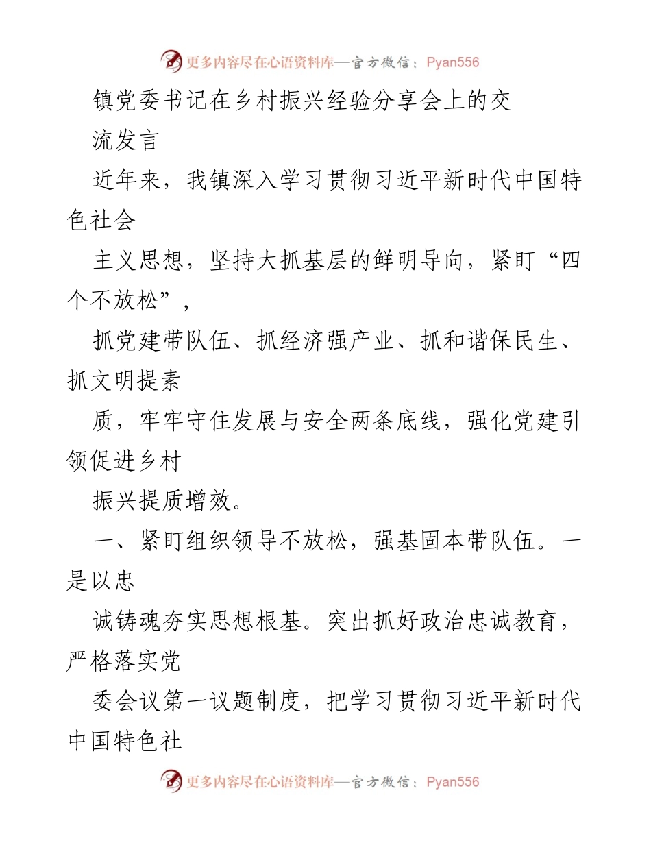 [发言] 乡村振兴经验分享会 - 加强党建引领，推动乡村振兴提质增效.docx_第1页