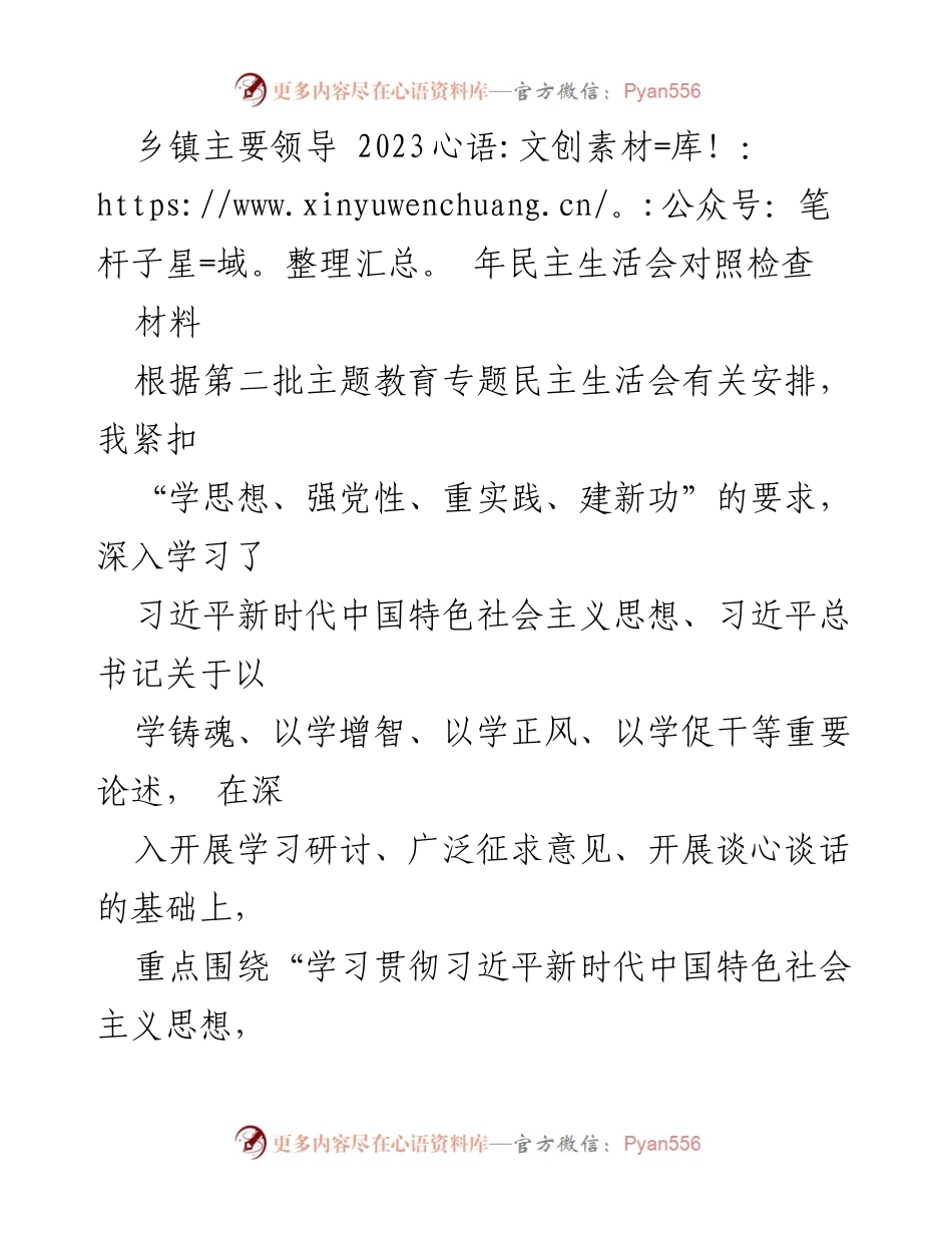 [发言] 乡镇主要领导民主生活会 - 2023年民主生活会对照检查报告.docx_第1页